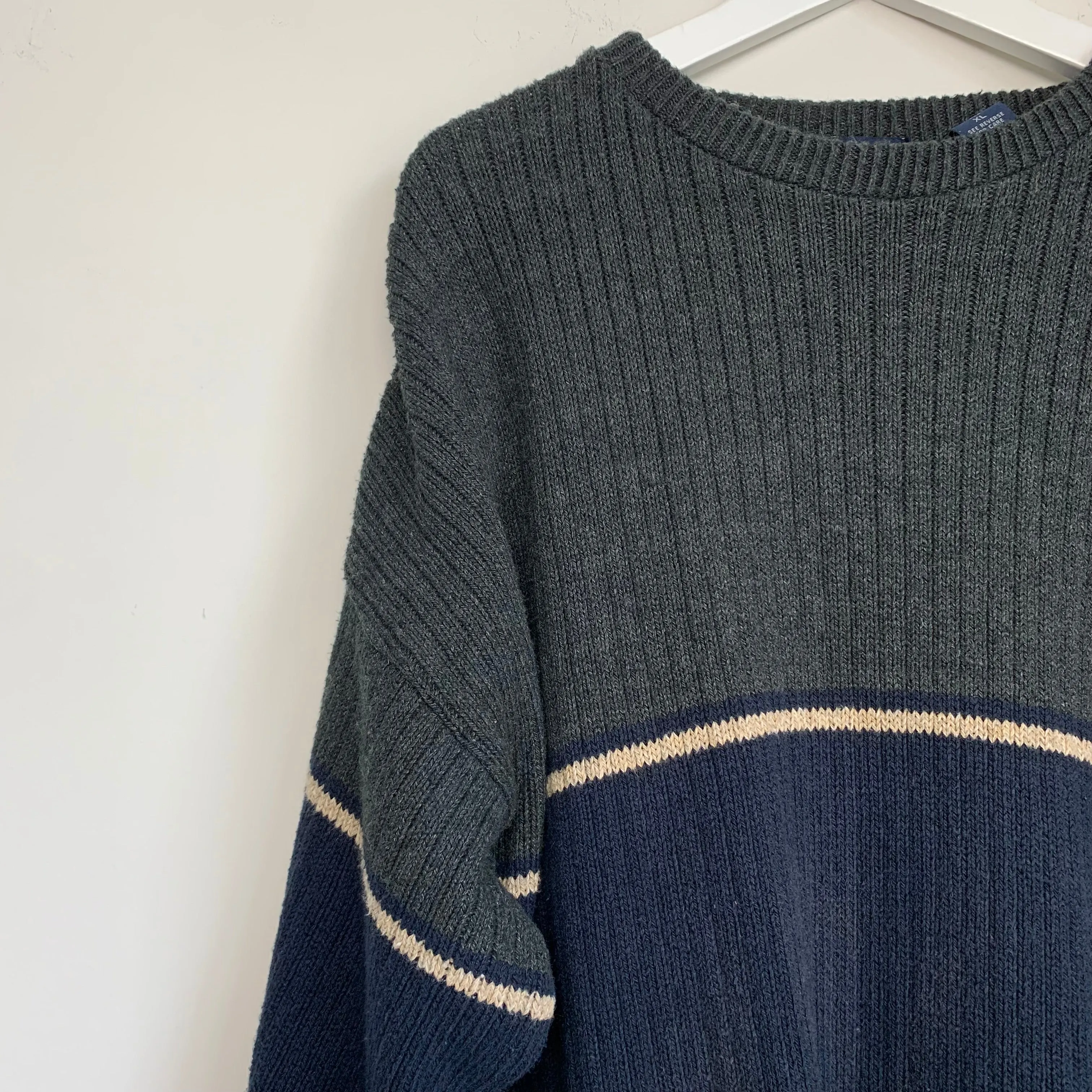 90s Izod Sweater Single Stripe Grandpa Chunky Knit Ribbed XL