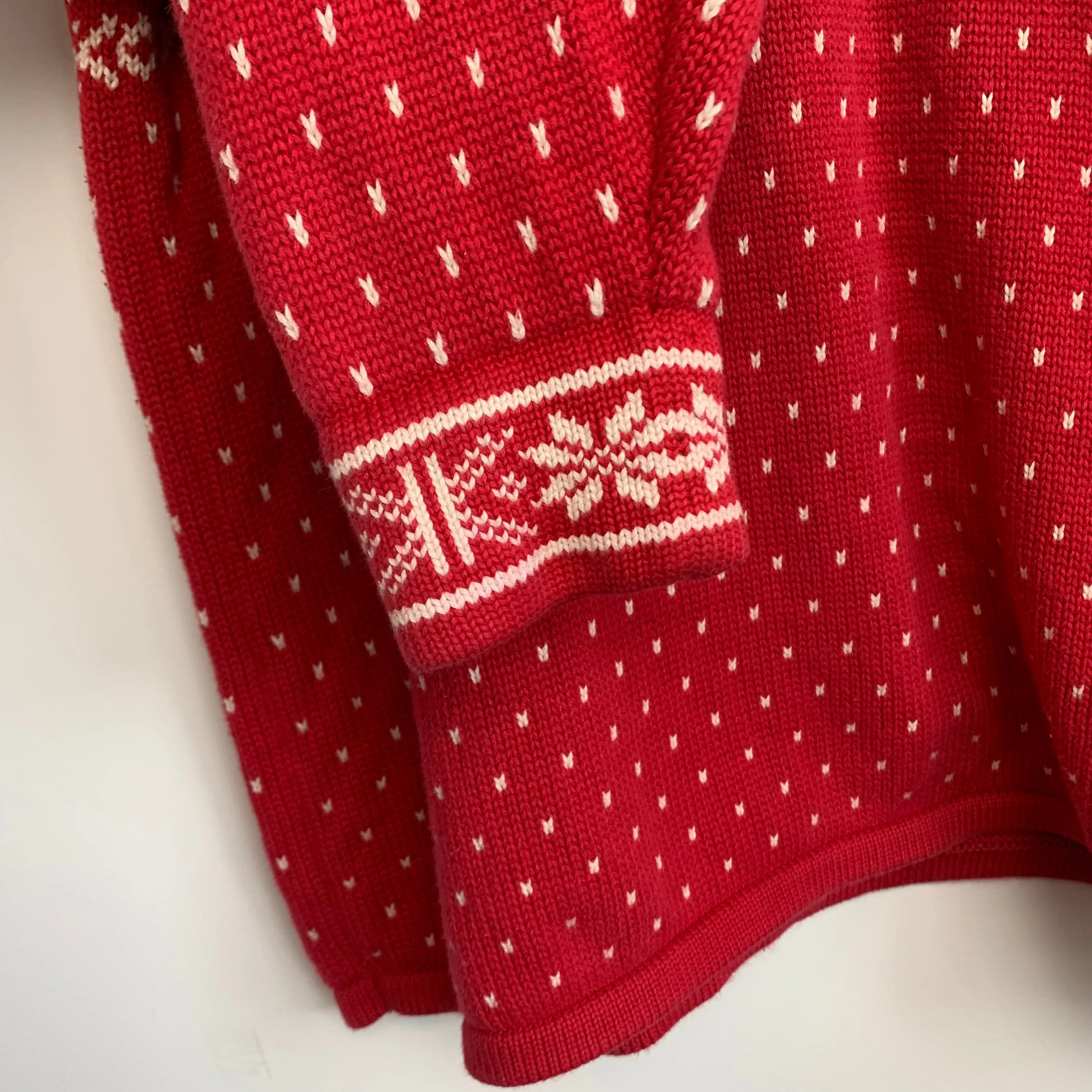 90s Lands' End Red Chunky Knit Sweater Fair Isle Nordic Cotton Half Zip Pullover Size XL