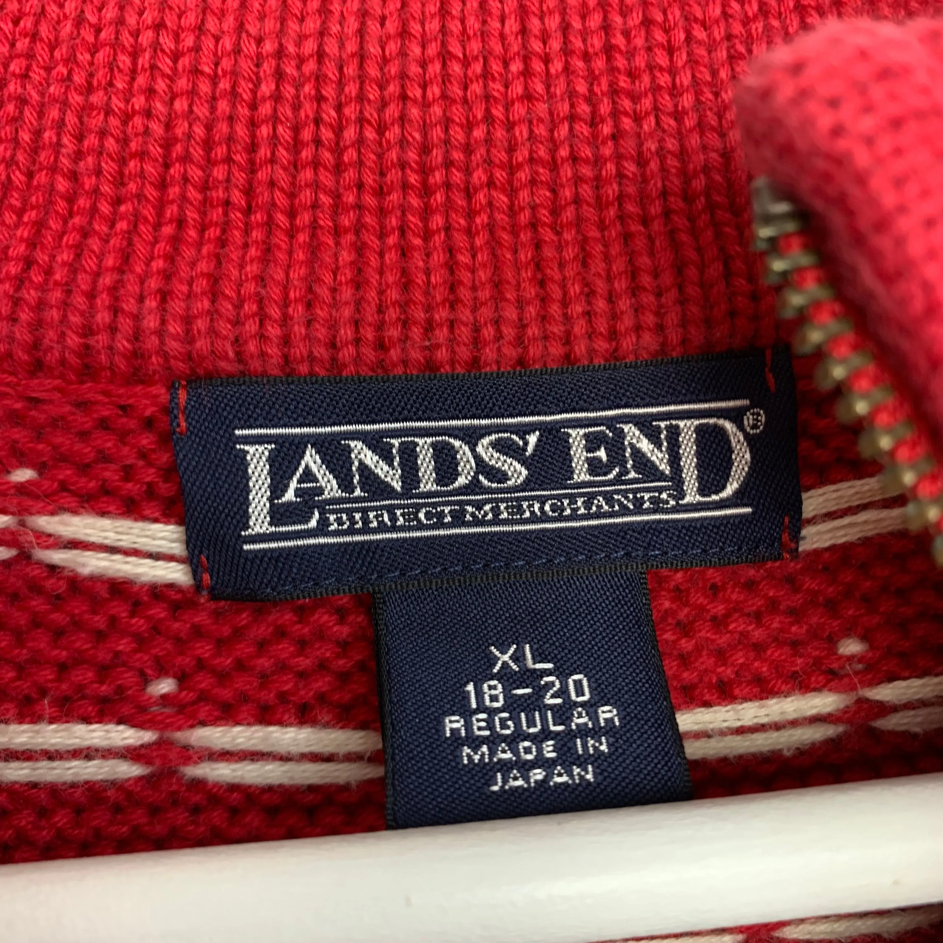 90s Lands' End Red Chunky Knit Sweater Fair Isle Nordic Cotton Half Zip Pullover Size XL