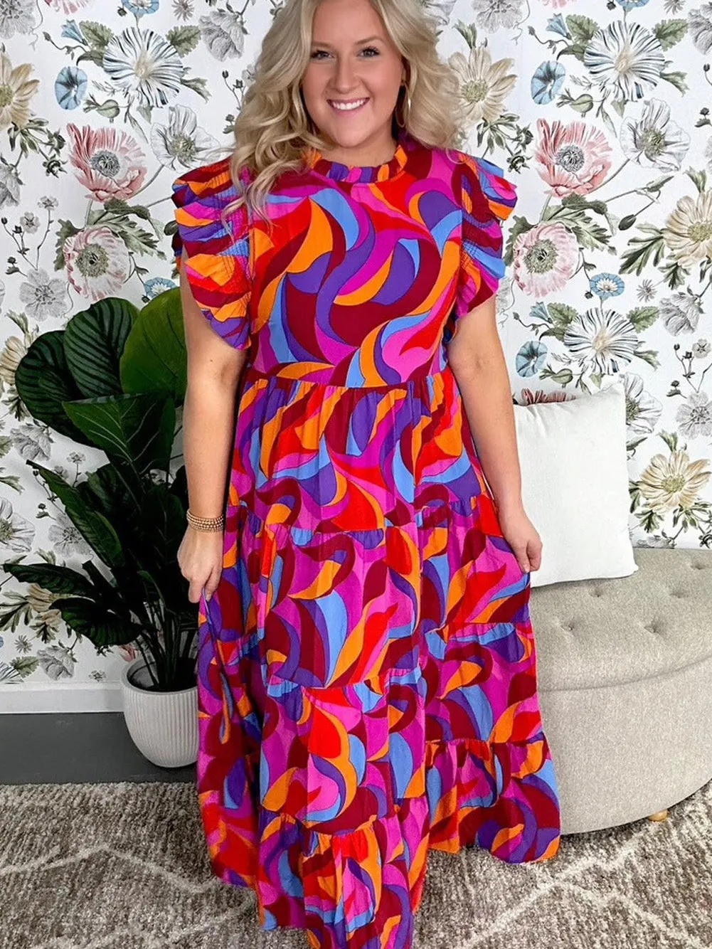 Abstract Multicolour Ruffled Sleeve Maxi Dress with Mock Neck