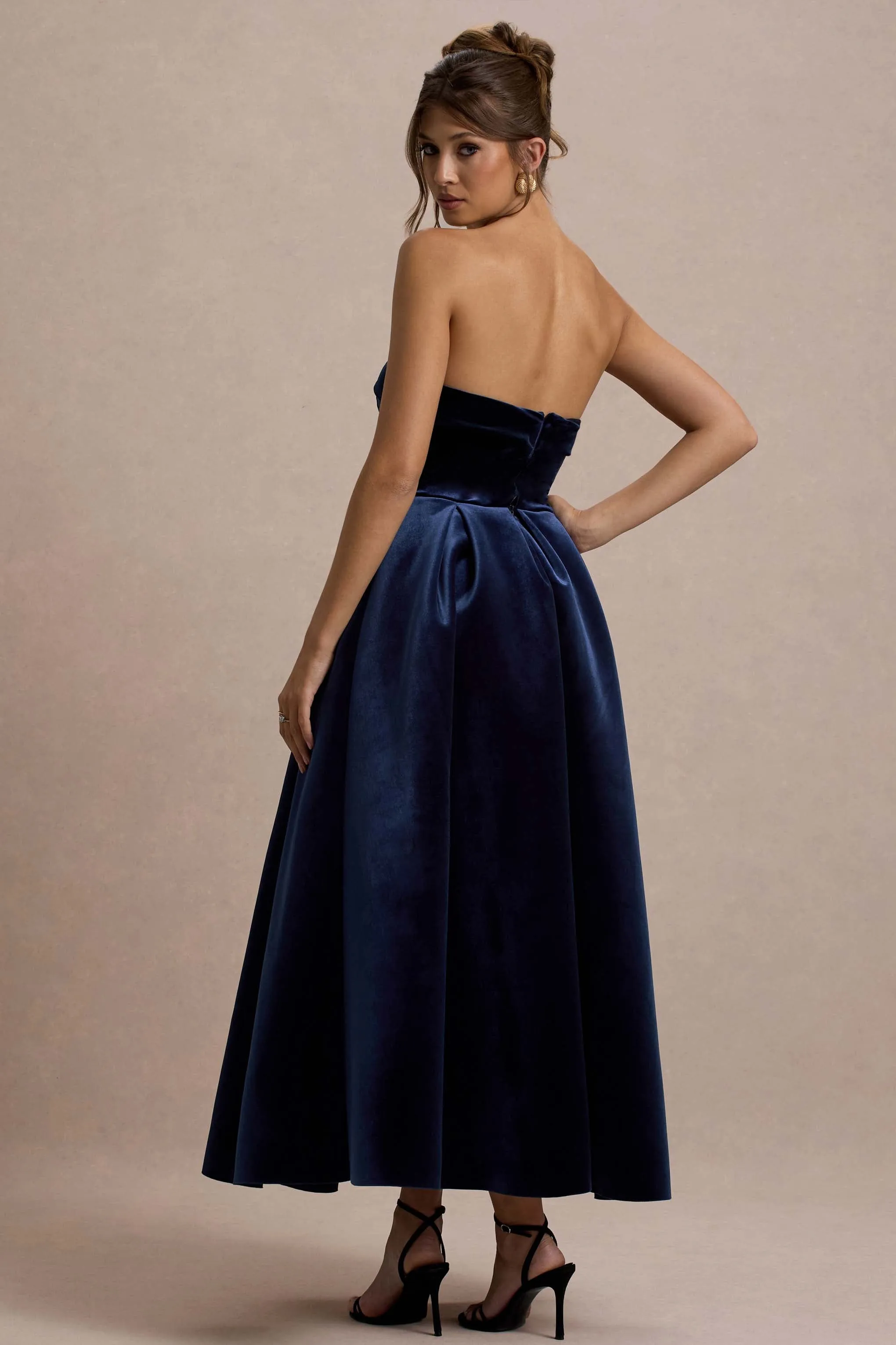 Addina | Navy Velvet Bandeau Skater Midi Dress