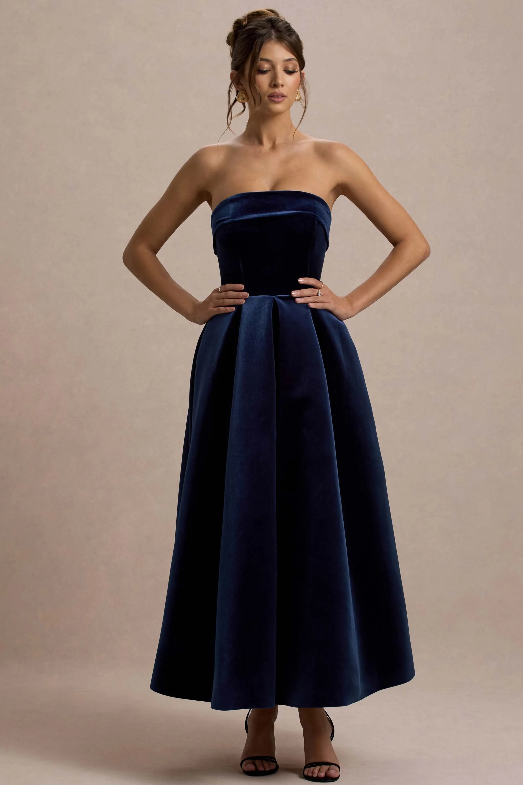 Addina | Navy Velvet Bandeau Skater Midi Dress