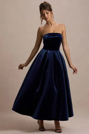 Addina | Navy Velvet Bandeau Skater Midi Dress