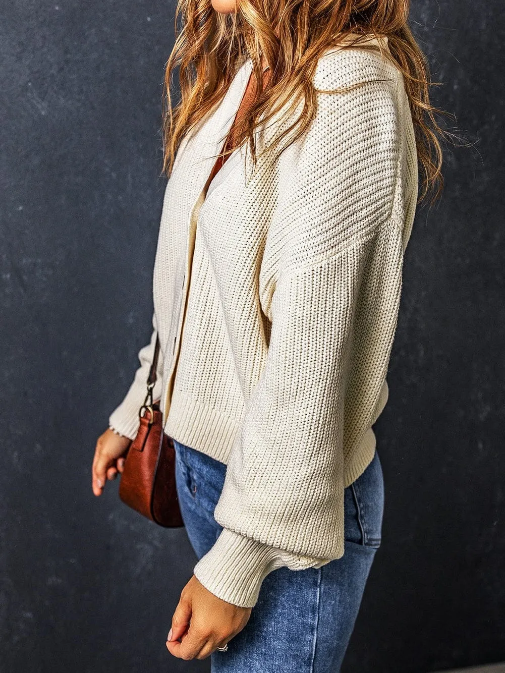 Beige V Neck Button-Up Knit Cardigan