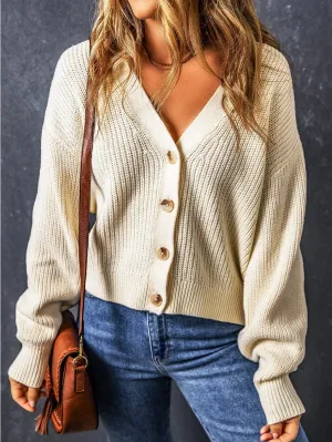 Beige V Neck Button-Up Knit Cardigan