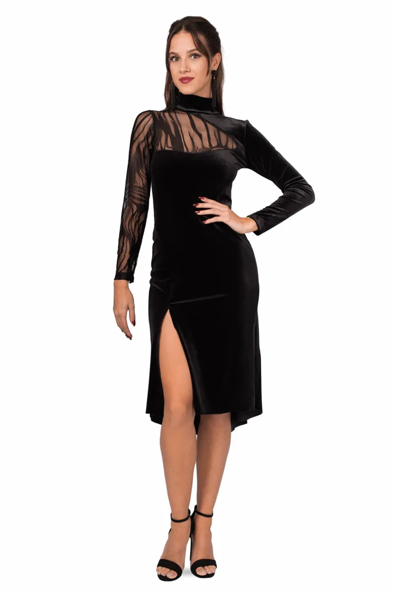 Black Velvet Turtle Neck Long-Sleeved Dress With Tulle Back