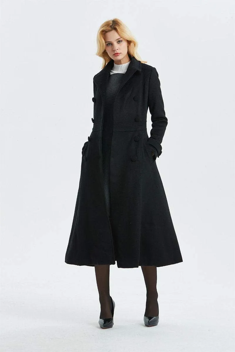 black wool coat, long winter black coat-warm double breasted coat, woo coat for women-coat with pockets- classic black coat for lady C1303