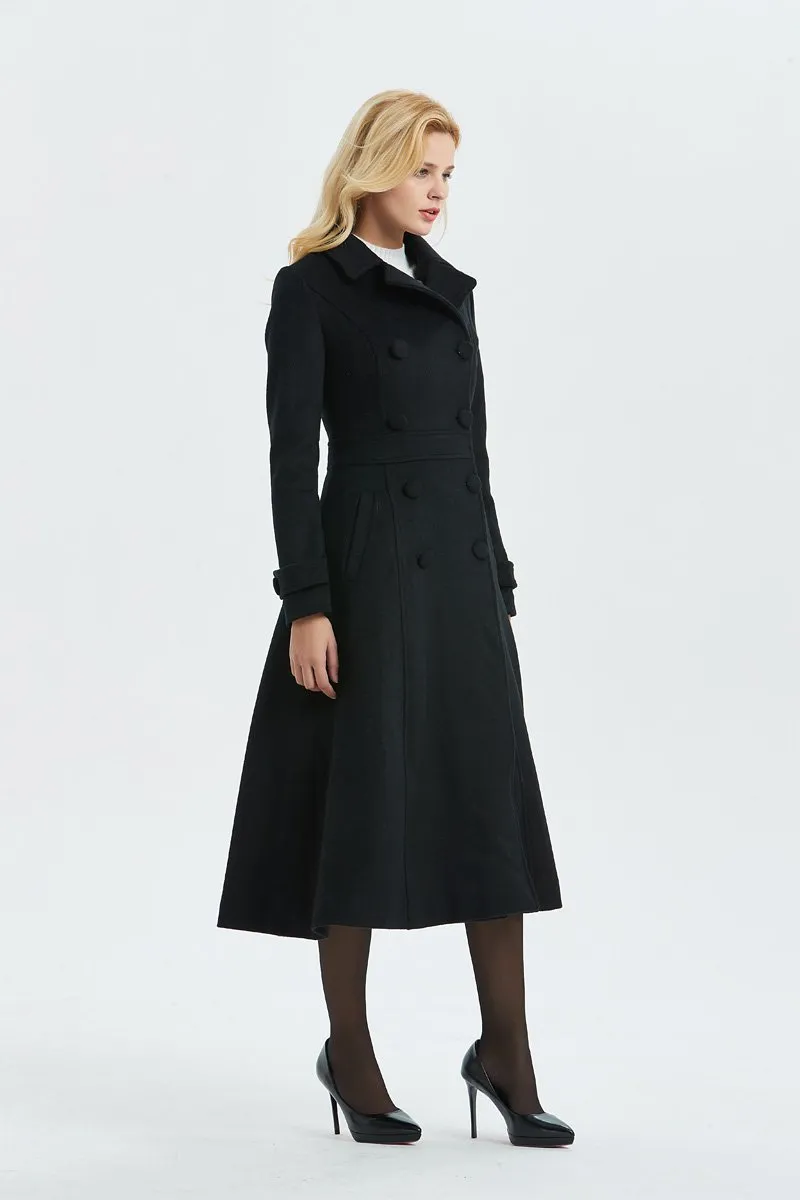 black wool coat, long winter black coat-warm double breasted coat, woo coat for women-coat with pockets- classic black coat for lady C1303