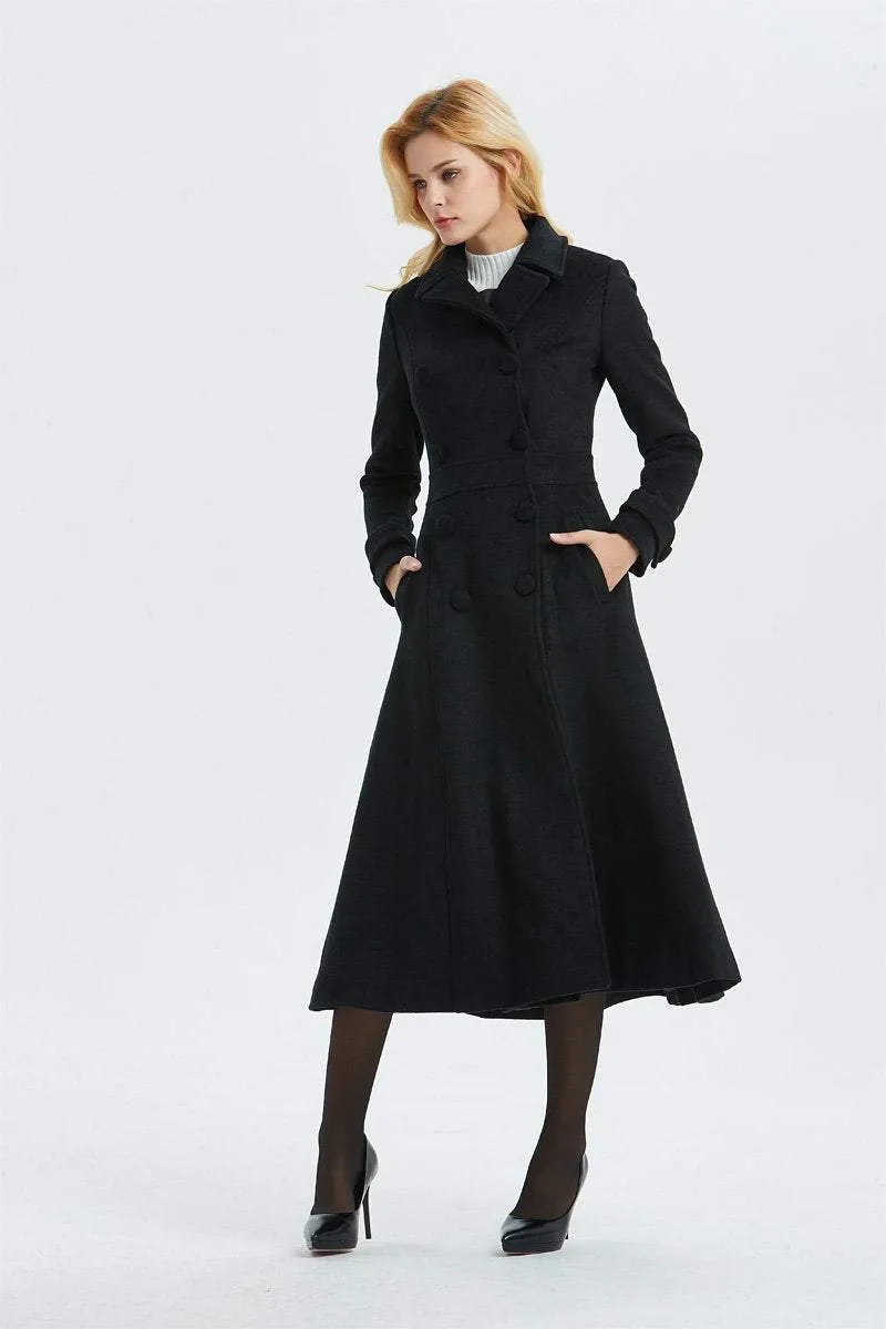 black wool coat, long winter black coat-warm double breasted coat, woo coat for women-coat with pockets- classic black coat for lady C1303