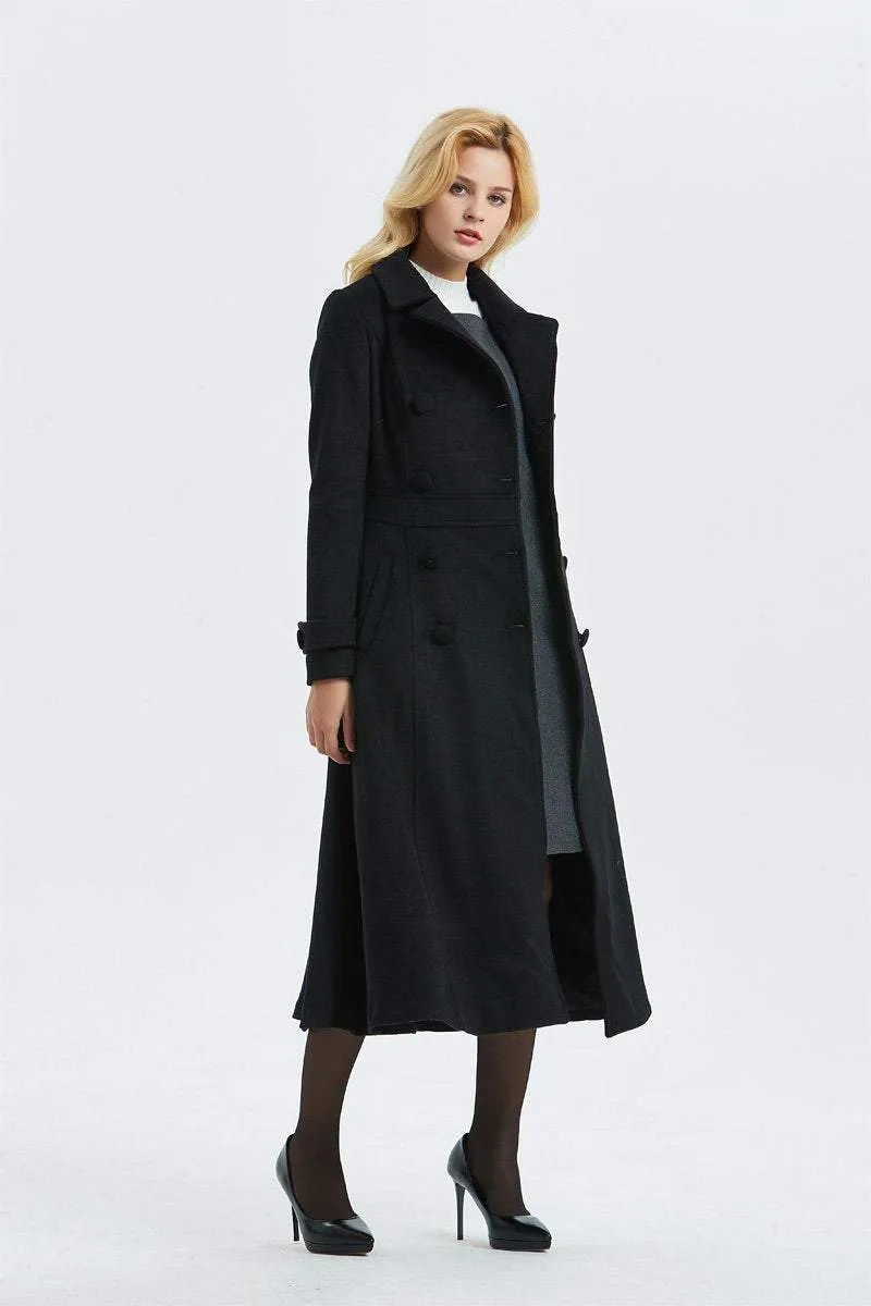 black wool coat, long winter black coat-warm double breasted coat, woo coat for women-coat with pockets- classic black coat for lady C1303