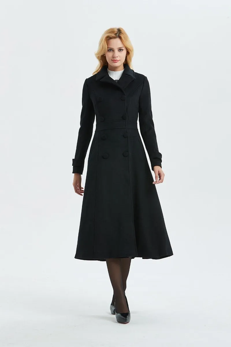 black wool coat, long winter black coat-warm double breasted coat, woo coat for women-coat with pockets- classic black coat for lady C1303