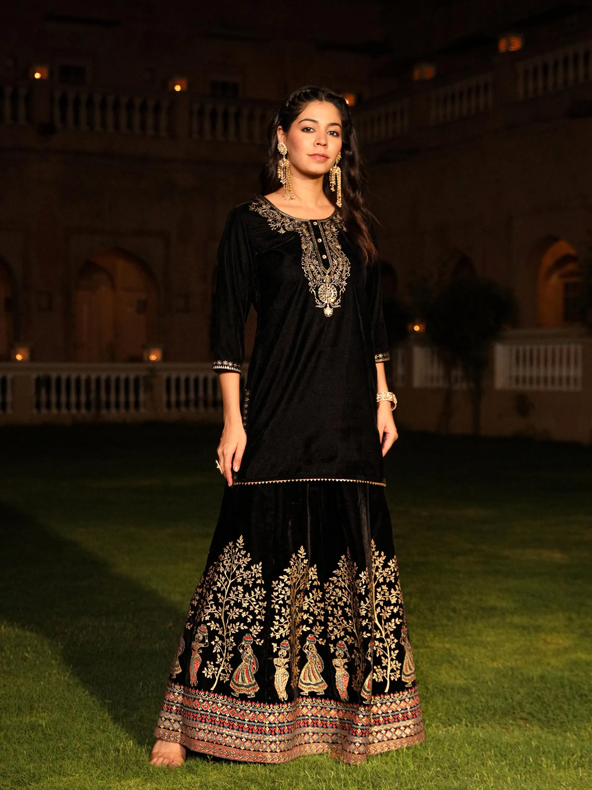 Black Zari Embroidered Velvet Top & Skirt Set With Sequins & Buttons