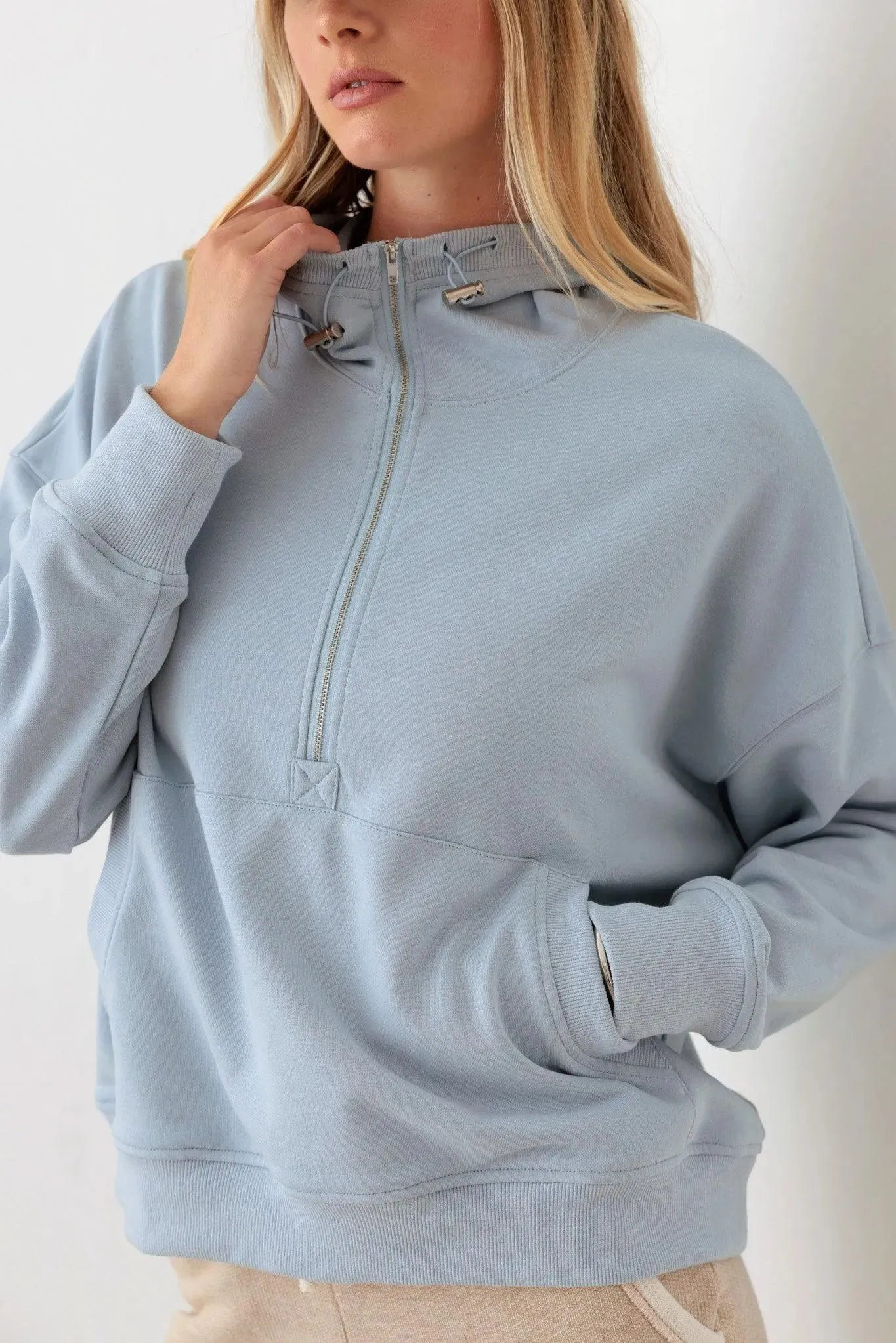 Blue Cotton Half Zip Drawstring Mock Neck Hoodie Top