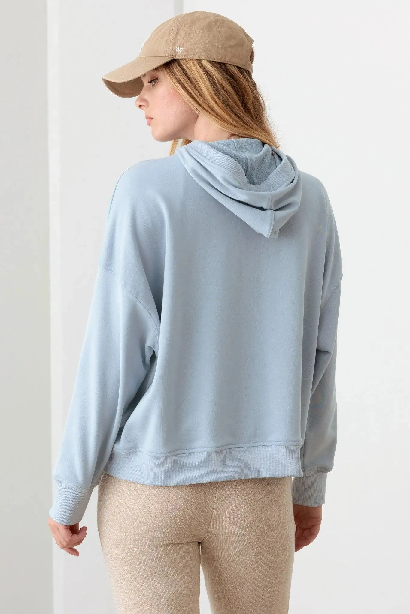 Blue Cotton Half Zip Drawstring Mock Neck Hoodie Top