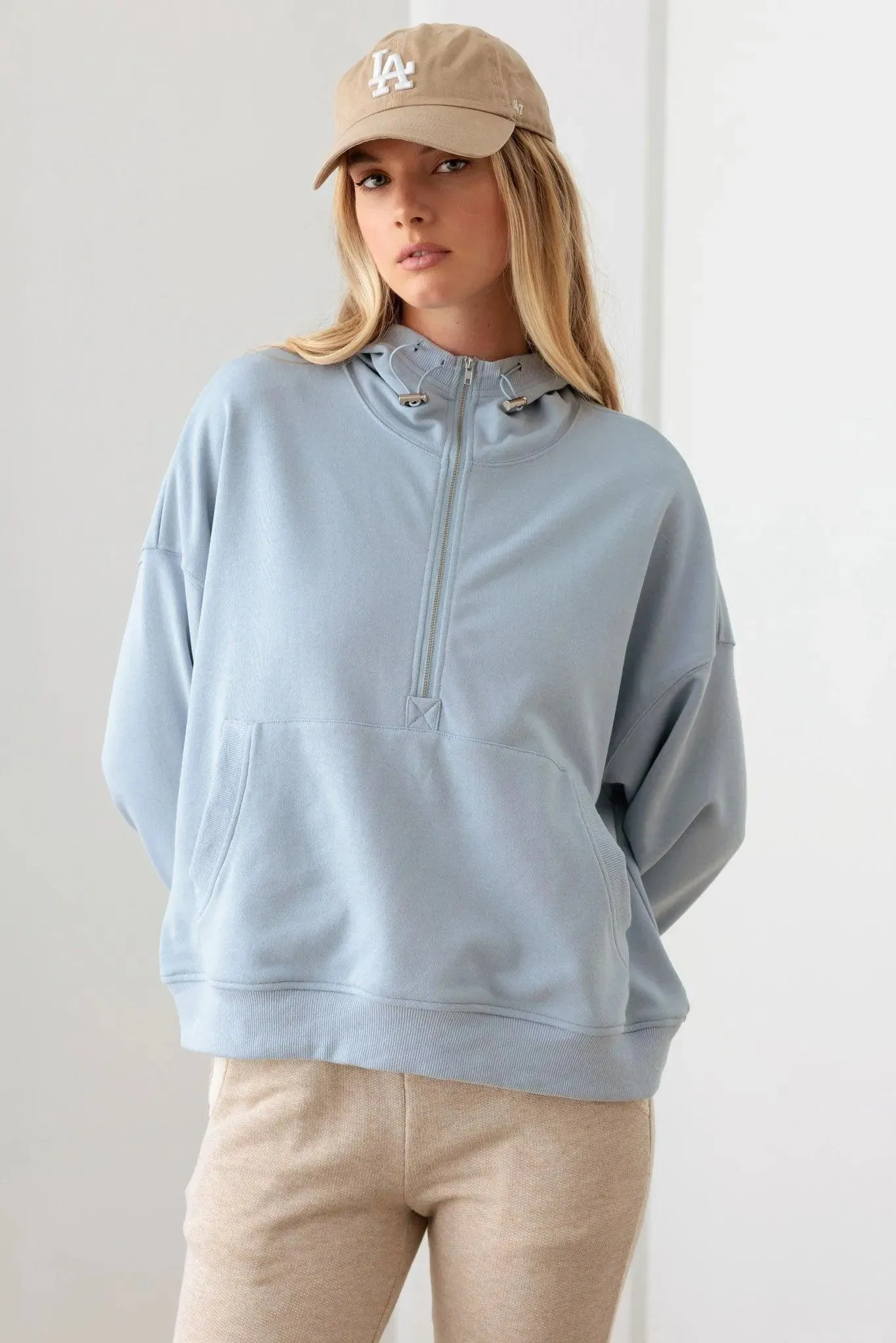 Blue Cotton Half Zip Drawstring Mock Neck Hoodie Top