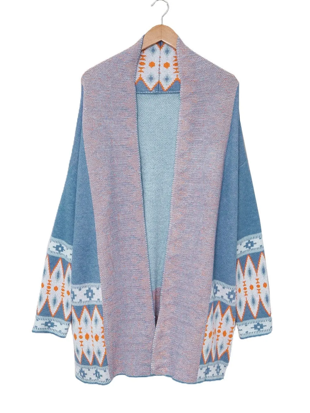 Blue Geometric Patterned Knit Open Front Cardigan