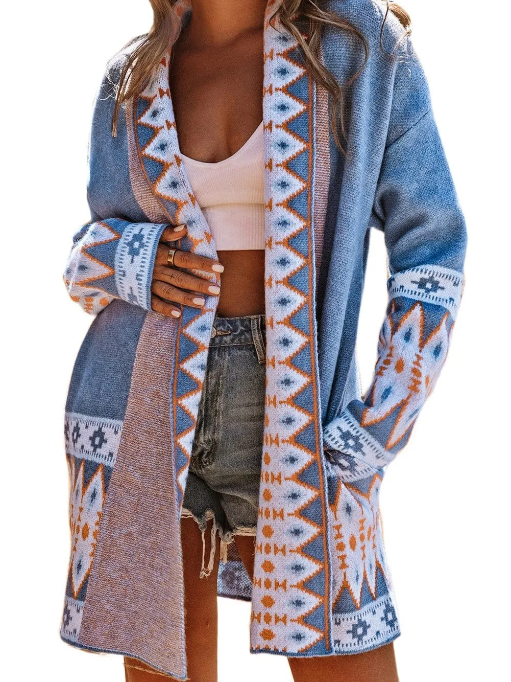 Blue Geometric Patterned Knit Open Front Cardigan