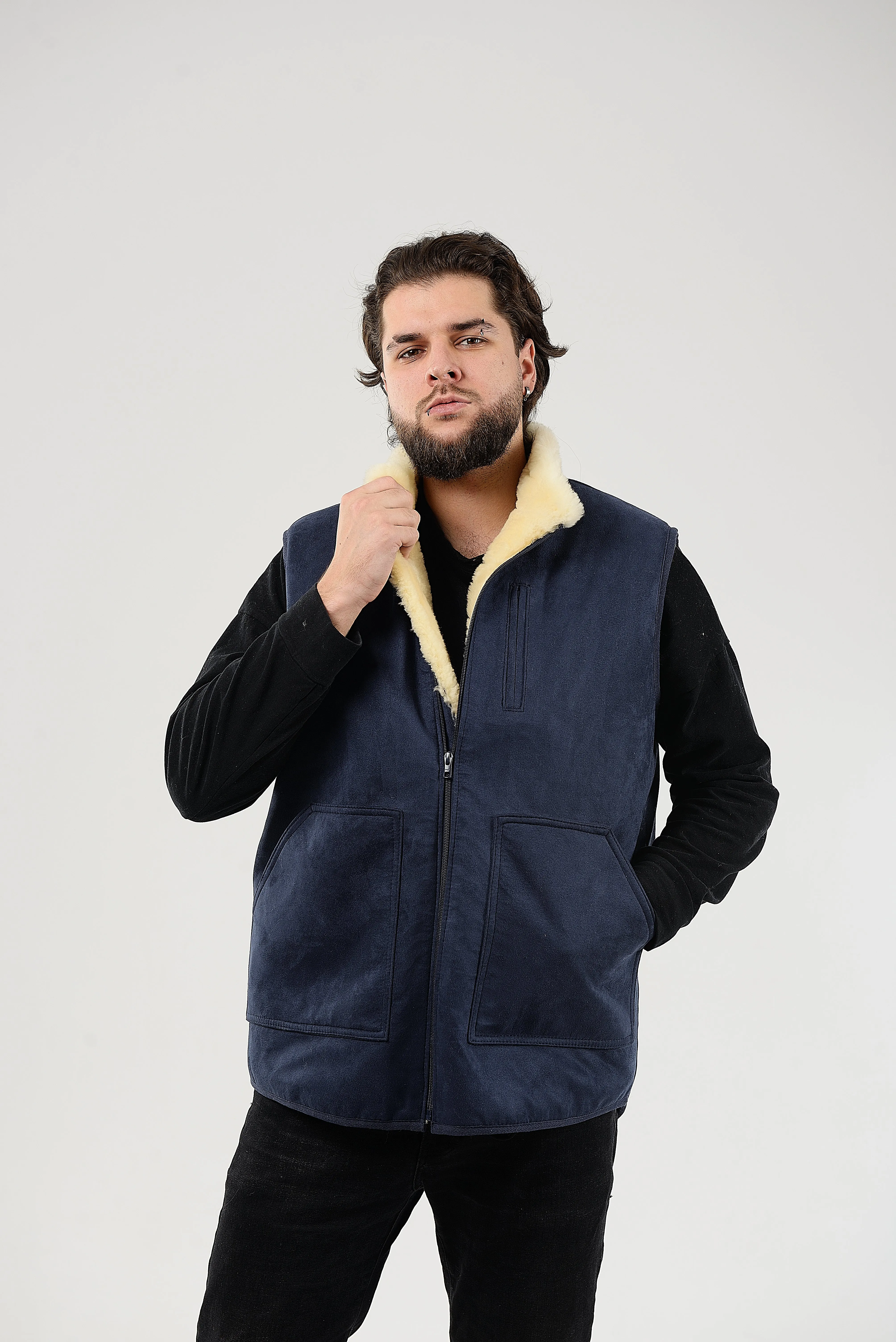 Blue Sheepskin Vest with Patch Pocket Medical Sheepskin Hypoallergenic