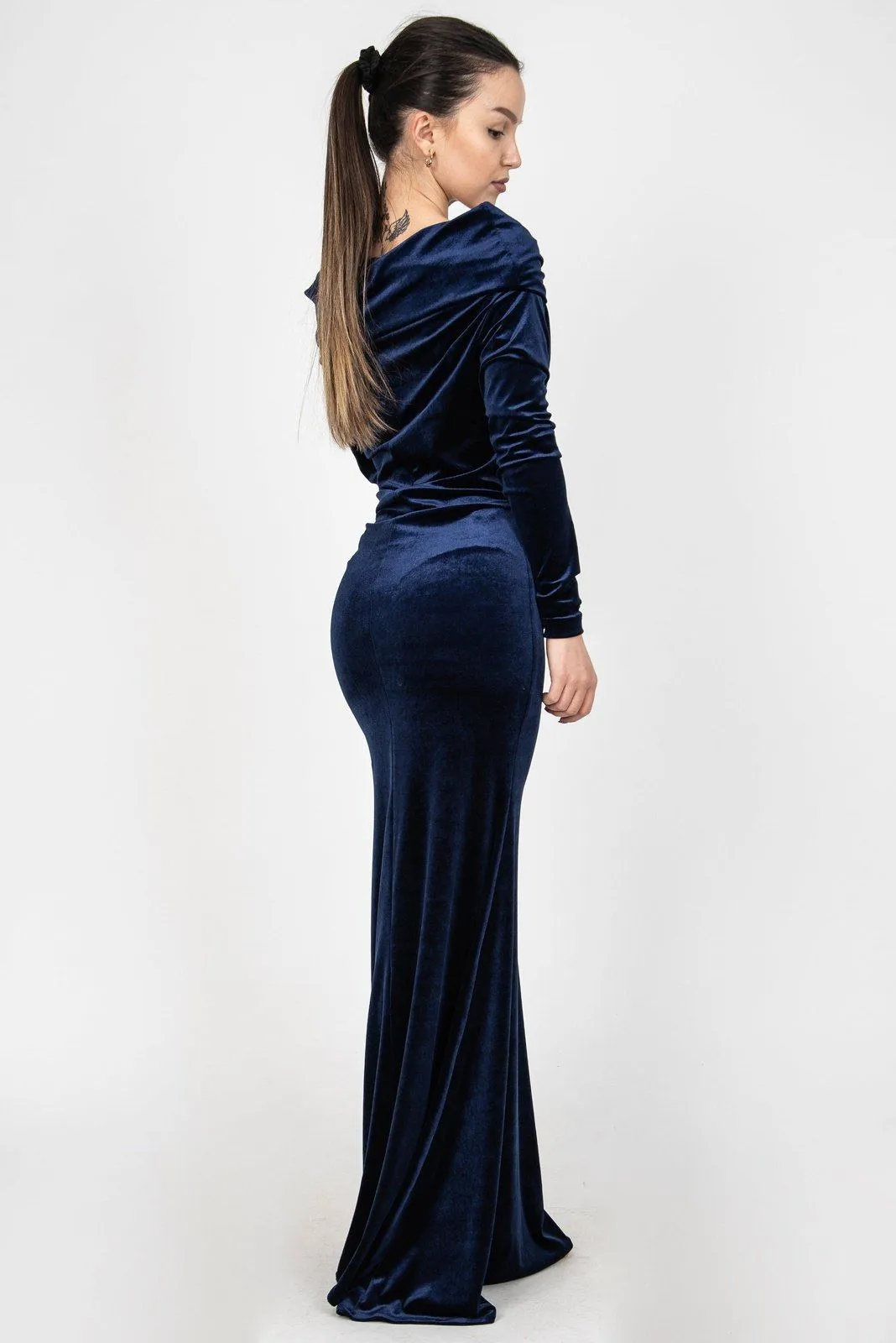 Blue velvet asymmetrical long dress F2362