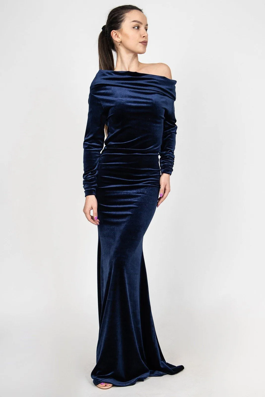 Blue velvet asymmetrical long dress F2362