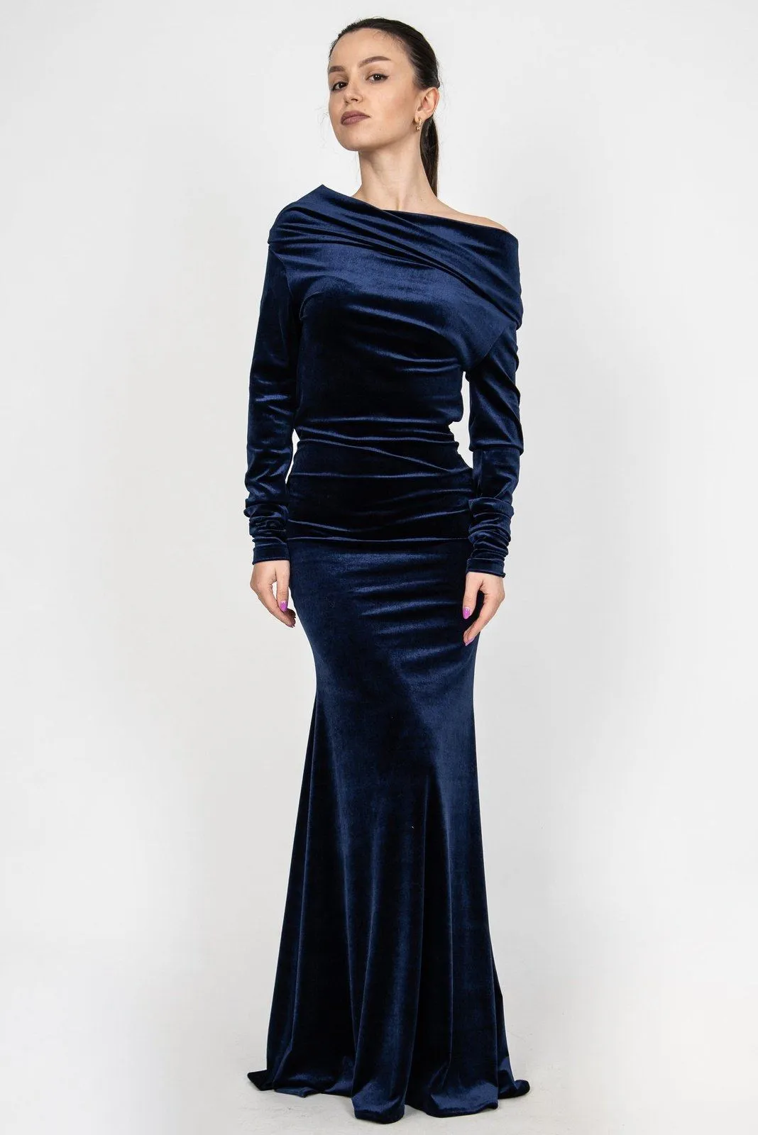 Blue velvet asymmetrical long dress F2362