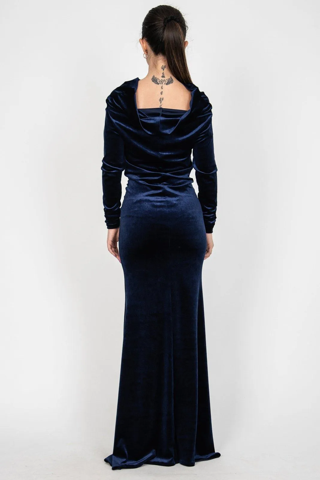 Blue velvet asymmetrical long dress F2362