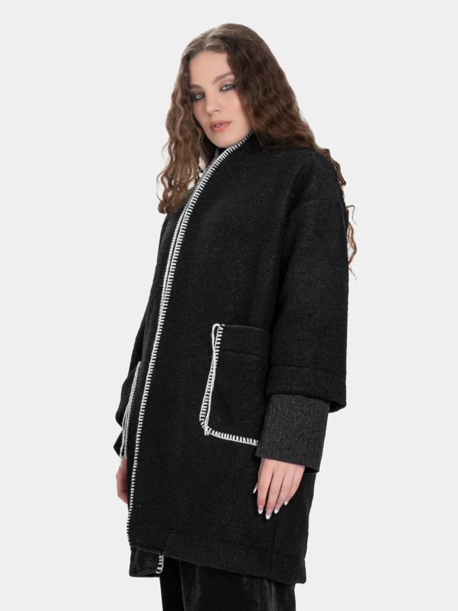 Boiled Wool Contrast Seamed Coat