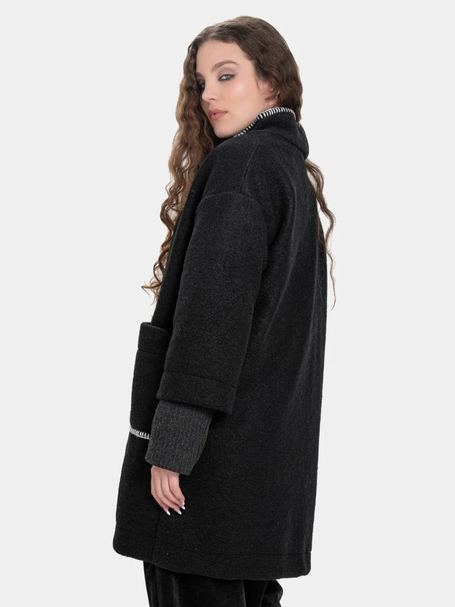 Boiled Wool Contrast Seamed Coat