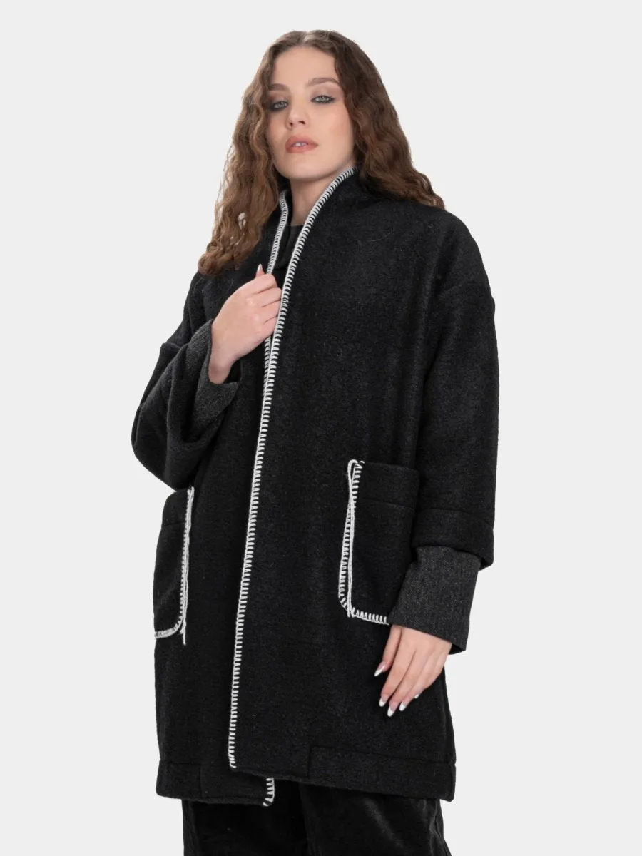 Boiled Wool Contrast Seamed Coat