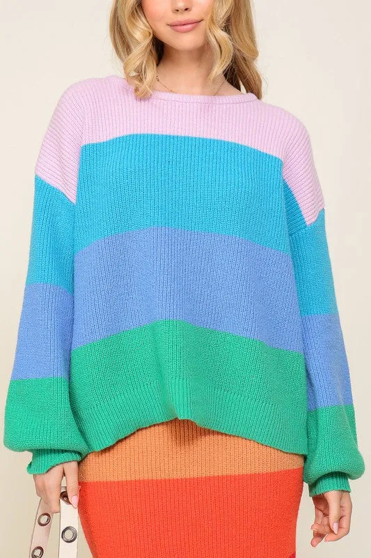 Bold Rainbow Stripe Oversized Chunky Knit Pullover (Matching skirt - WS8535)