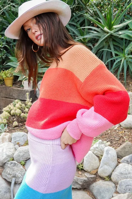 Bold Rainbow Stripe Oversized Chunky Knit Pullover (Matching skirt - WS8535)