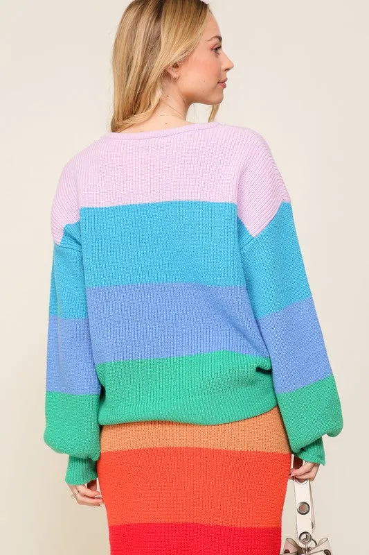 Bold Rainbow Stripe Oversized Chunky Knit Pullover (Matching skirt - WS8535)