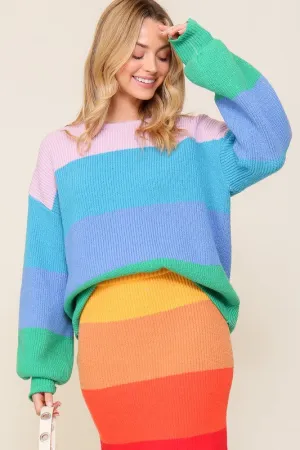 Bold Rainbow Stripe Oversized Chunky Knit Pullover (Matching skirt - WS8535)