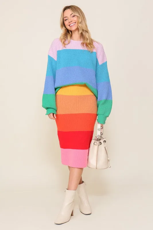 Bold Rainbow Stripe Oversized Chunky Knit Pullover (Matching skirt - WS8535)