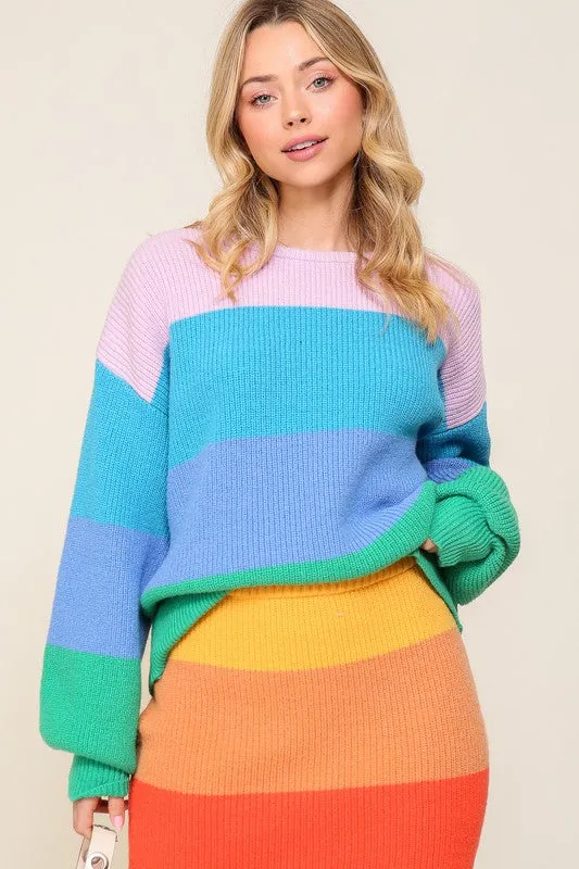 Bold Rainbow Stripe Oversized Chunky Knit Pullover (Matching skirt - WS8535)