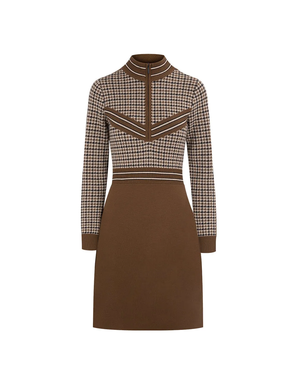 BORA AKSU Houndstooth Zipper Stand Collar Dress In Wool With Flared Hem