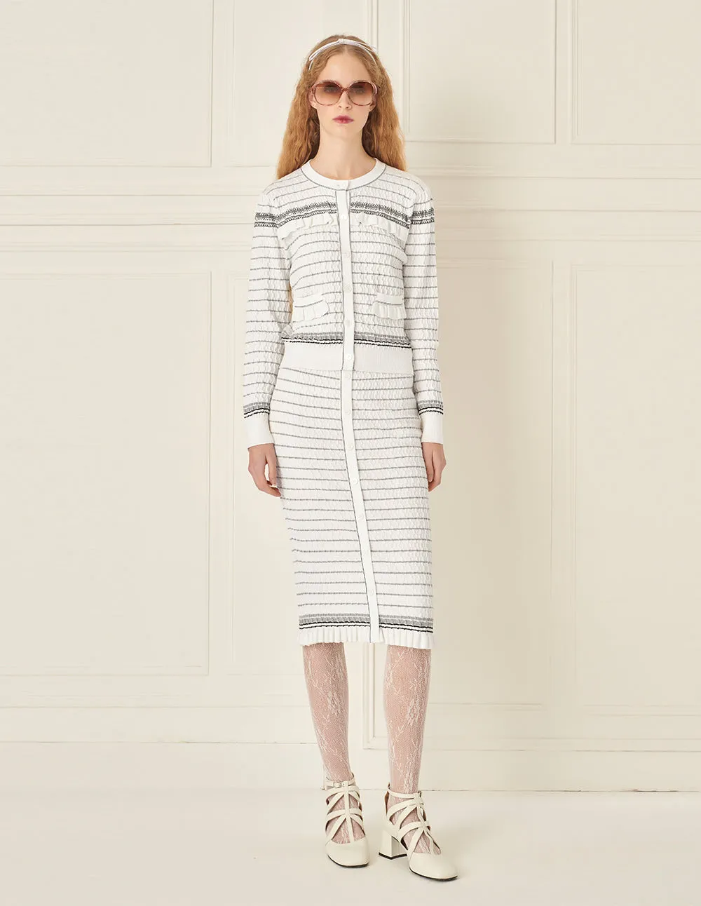 BORA AKSU Off-White Striped Mid-Length Straight Knitted Skirt