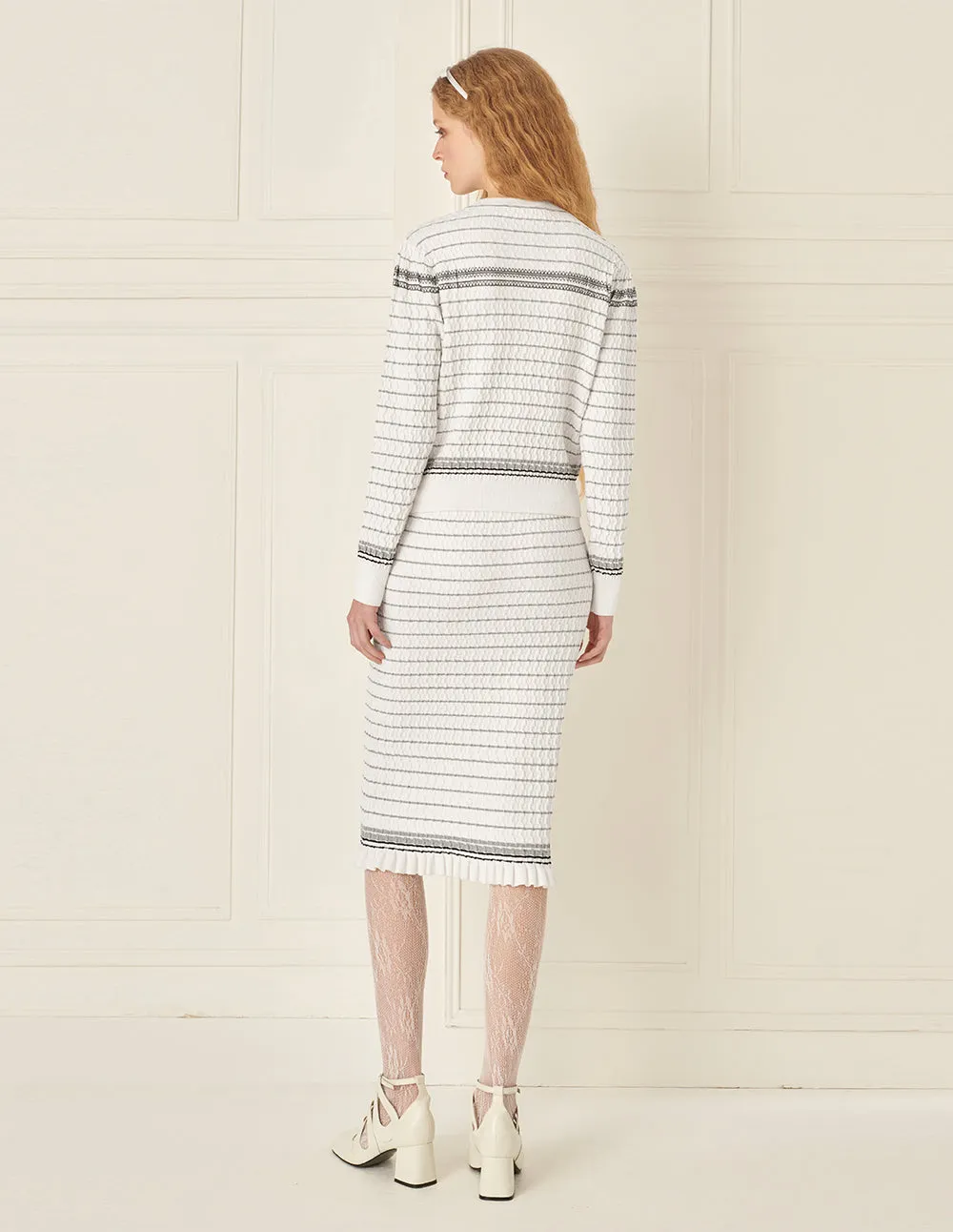 BORA AKSU Off-White Striped Mid-Length Straight Knitted Skirt