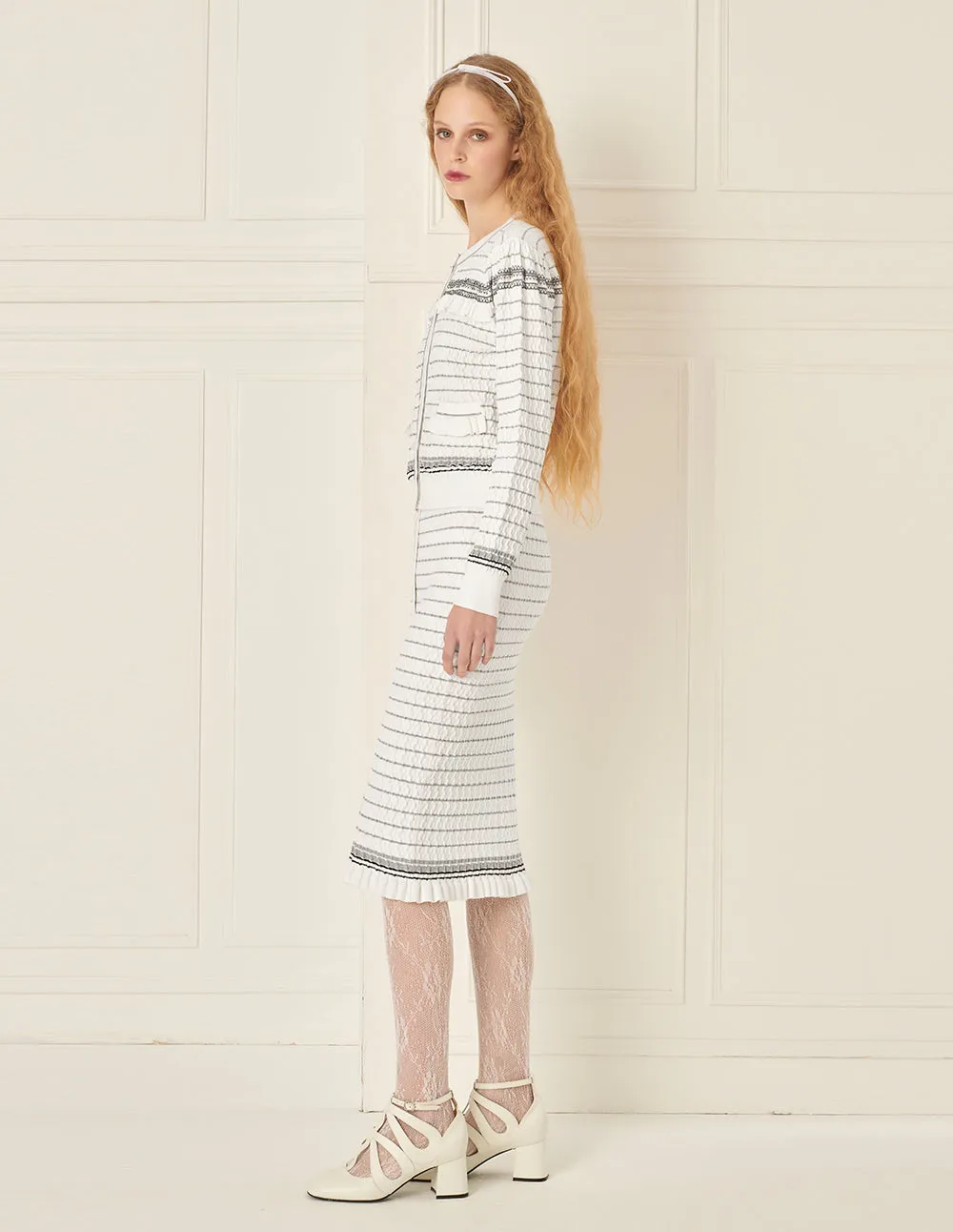 BORA AKSU Off-White Striped Mid-Length Straight Knitted Skirt