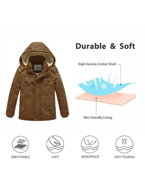 Boy's Winter Sherpa Jacket Heavy Twill Cotton Military Coat with Hood