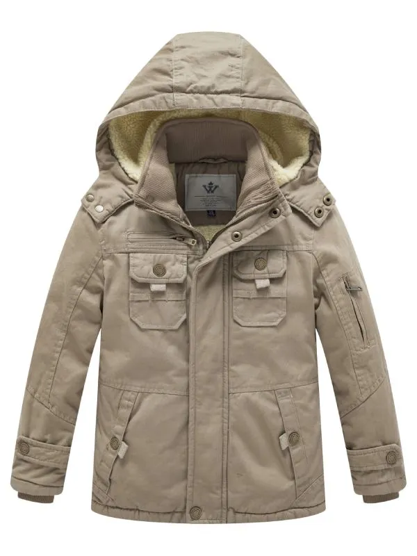 Boy's Winter Sherpa Jacket Heavy Twill Cotton Military Coat with Hood