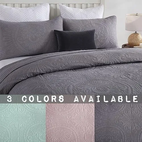 Brandream Queen Size Quilt Set Cotton Summer Quilted Comforter Set Elegant Farmhouse Matelasse Bedding Coverlet Set Mint Green 3-Piece