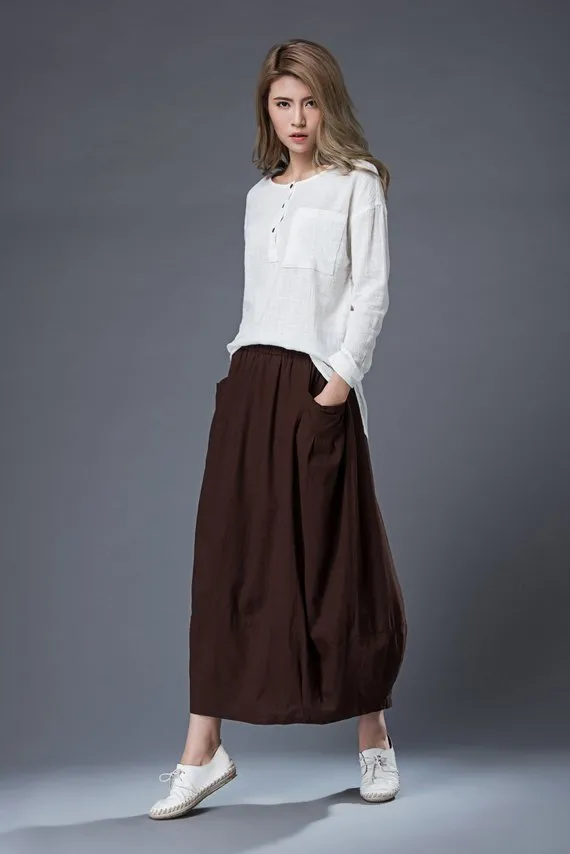 Brown Linen Skirt C861