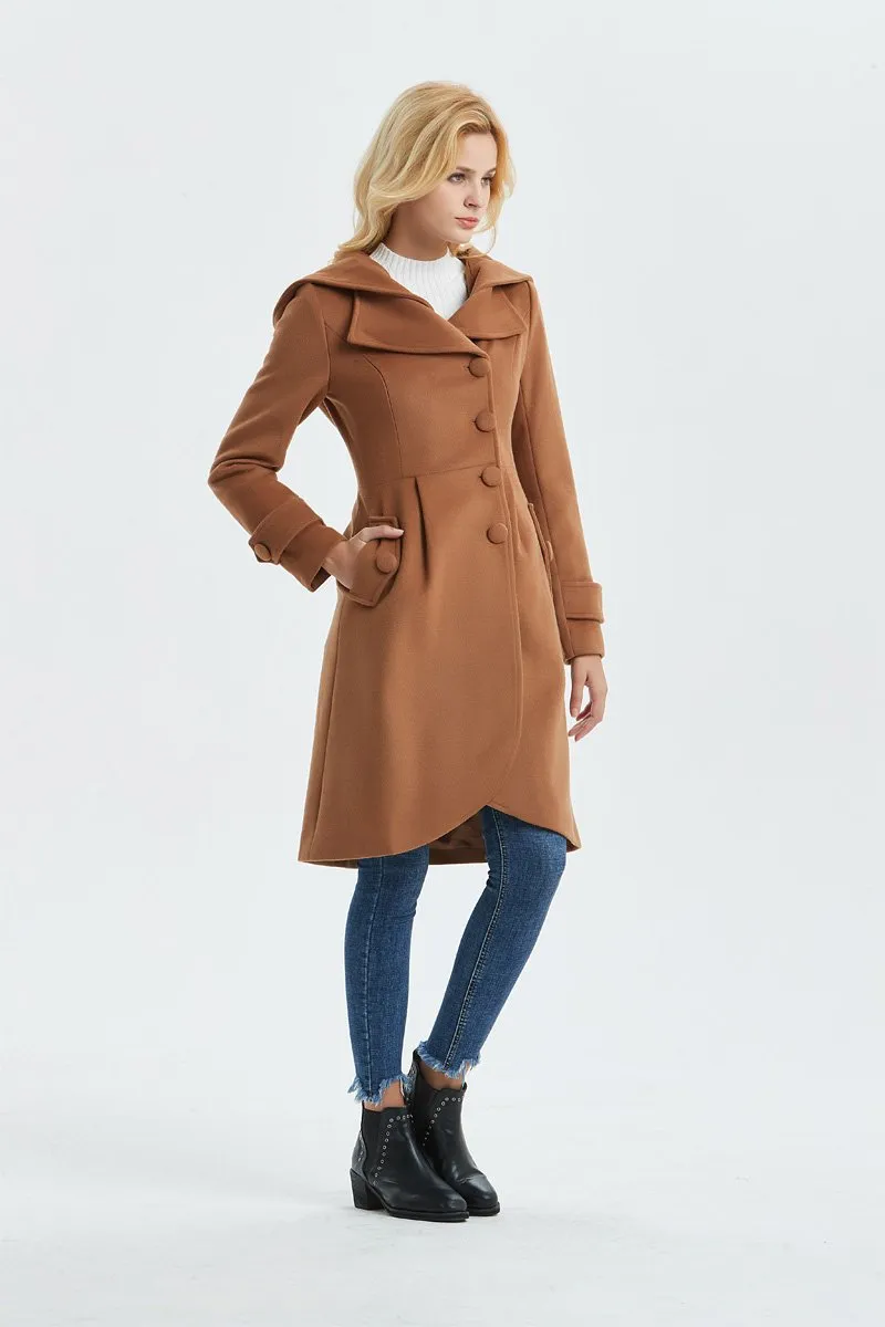 brown wool coat, casual coat, warm coat, asymmetrical coat, midi coat, womens hooded coat, winter coat, vintage coat, coat with pocket C1321