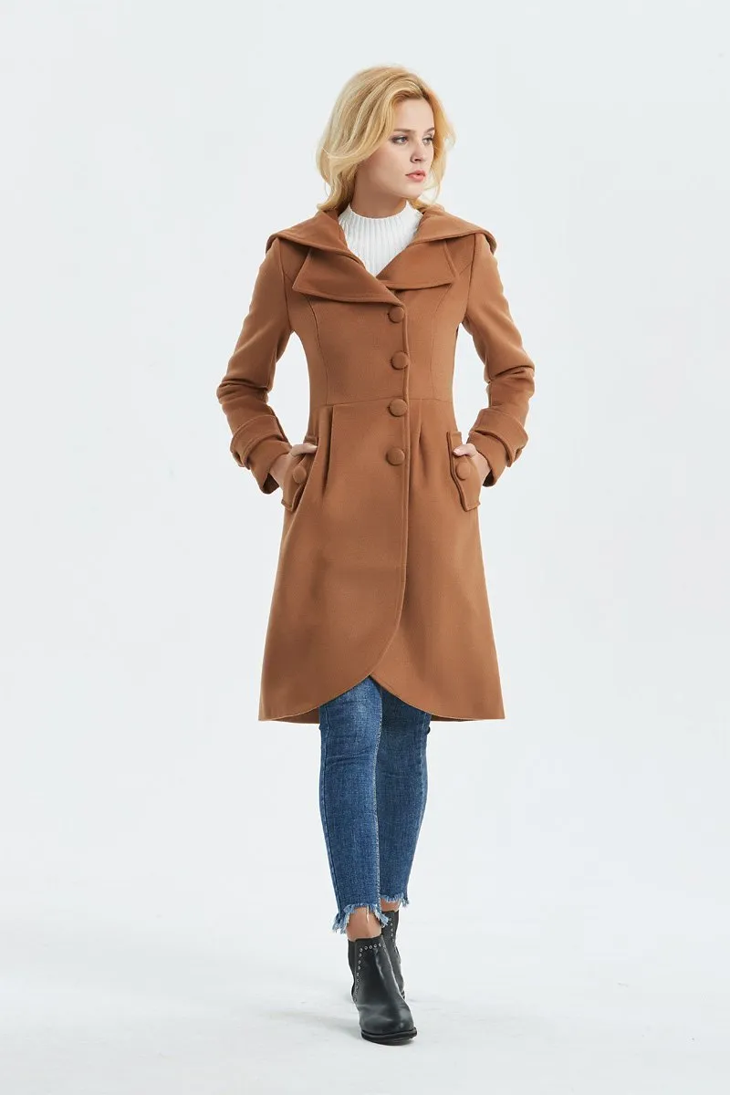 brown wool coat, casual coat, warm coat, asymmetrical coat, midi coat, womens hooded coat, winter coat, vintage coat, coat with pocket C1321