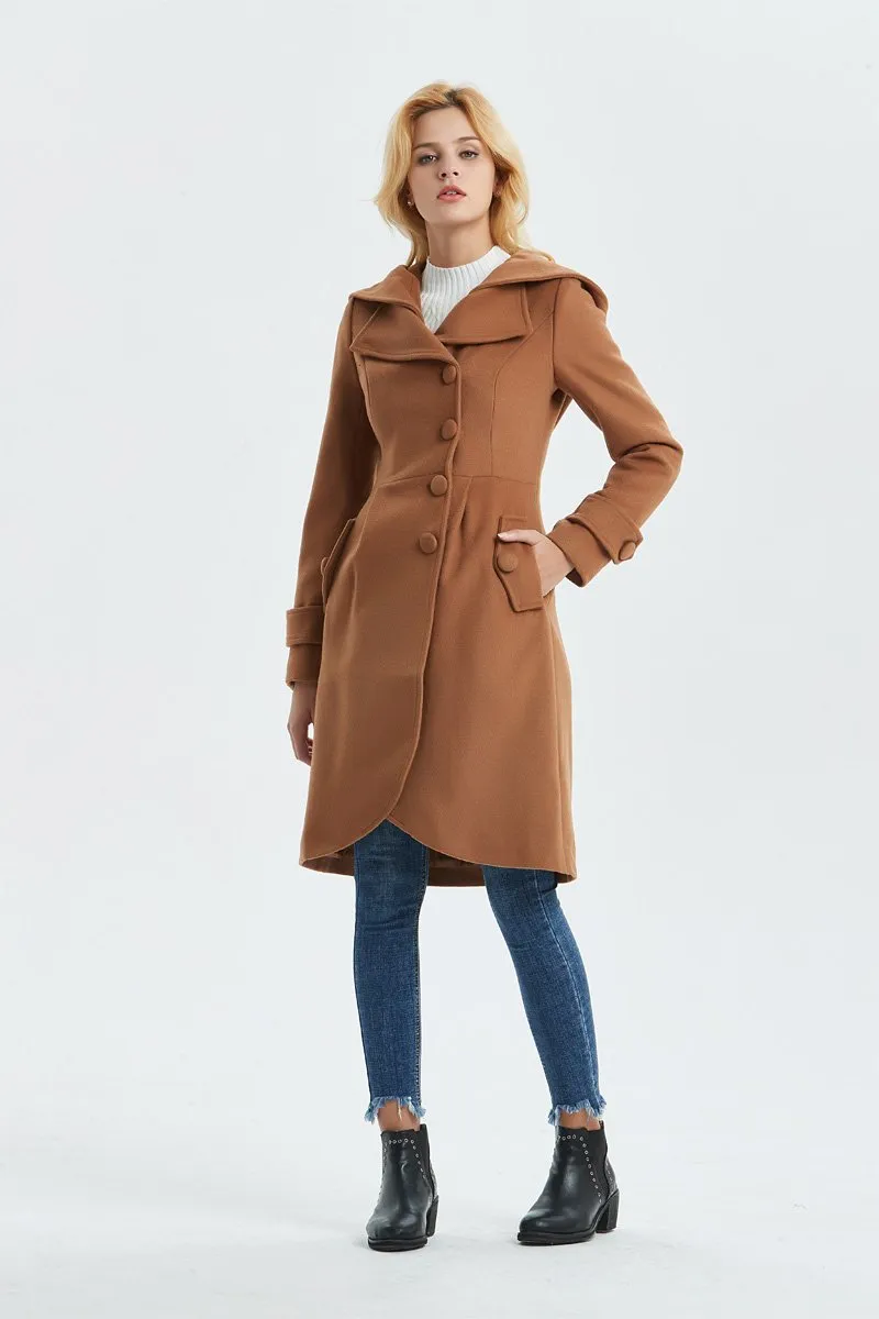 brown wool coat, casual coat, warm coat, asymmetrical coat, midi coat, womens hooded coat, winter coat, vintage coat, coat with pocket C1321