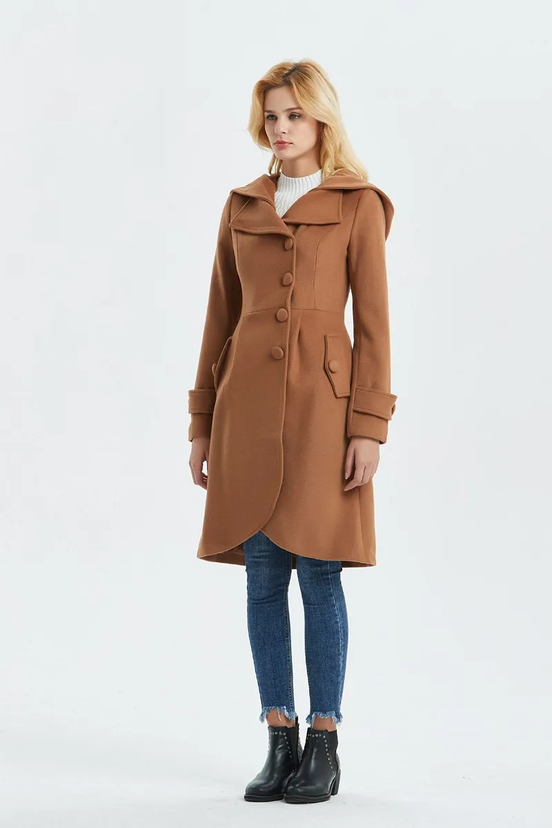 brown wool coat, casual coat, warm coat, asymmetrical coat, midi coat, womens hooded coat, winter coat, vintage coat, coat with pocket C1321