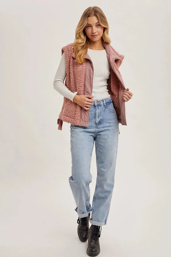 Button Down Mock Neck Fleece Sherpa Vest ROSE