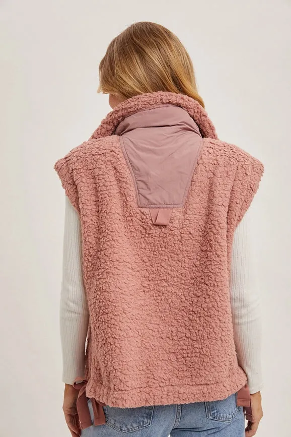 Button Down Mock Neck Fleece Sherpa Vest ROSE