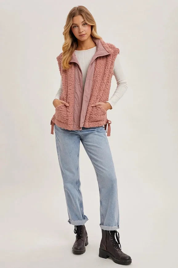 Button Down Mock Neck Fleece Sherpa Vest ROSE